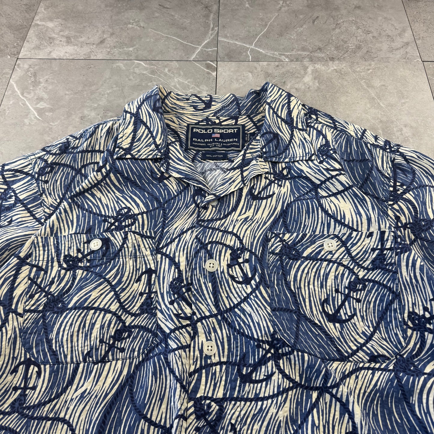 00s Ralph Lauren Polo Sport Blue Anchor Seersucker Open Collar Shirt L