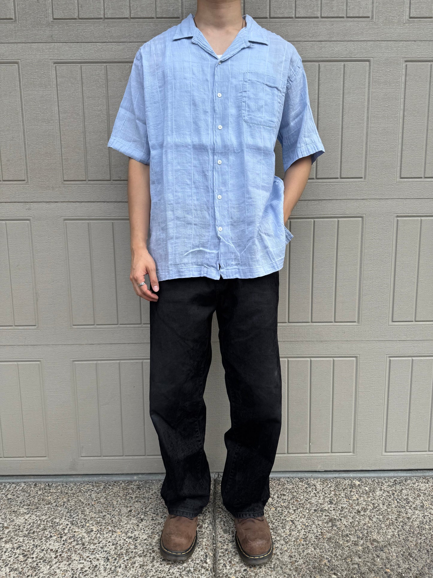 90s-00s Ralph Lauren Caldwell Linen x Cotton Light Blue Checkered Open Collar Shirt KiiChain Clothing