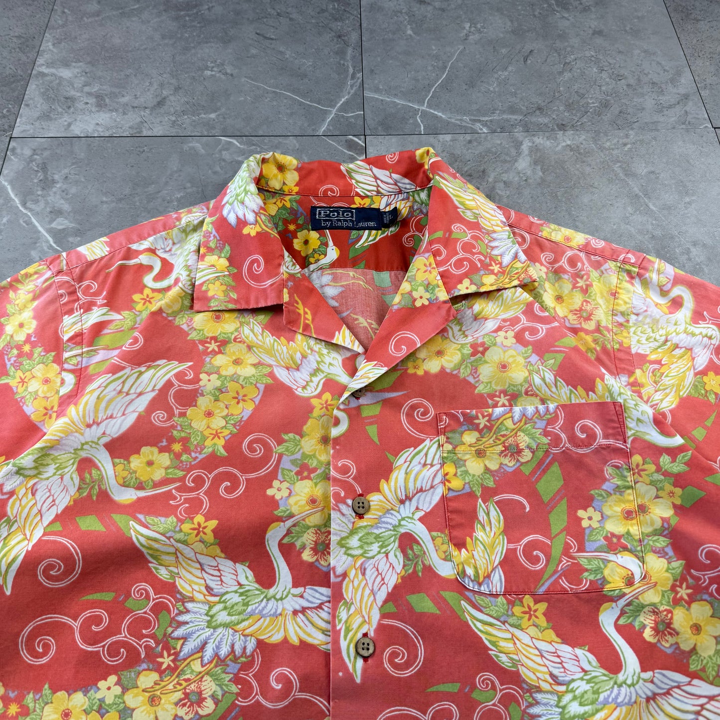 00s Polo by Ralph Lauren Red Rare Crane Graphic Open Collar Shirt L