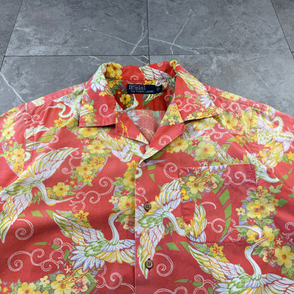 00s Polo by Ralph Lauren Red Rare Crane Graphic Open Collar Shirt L