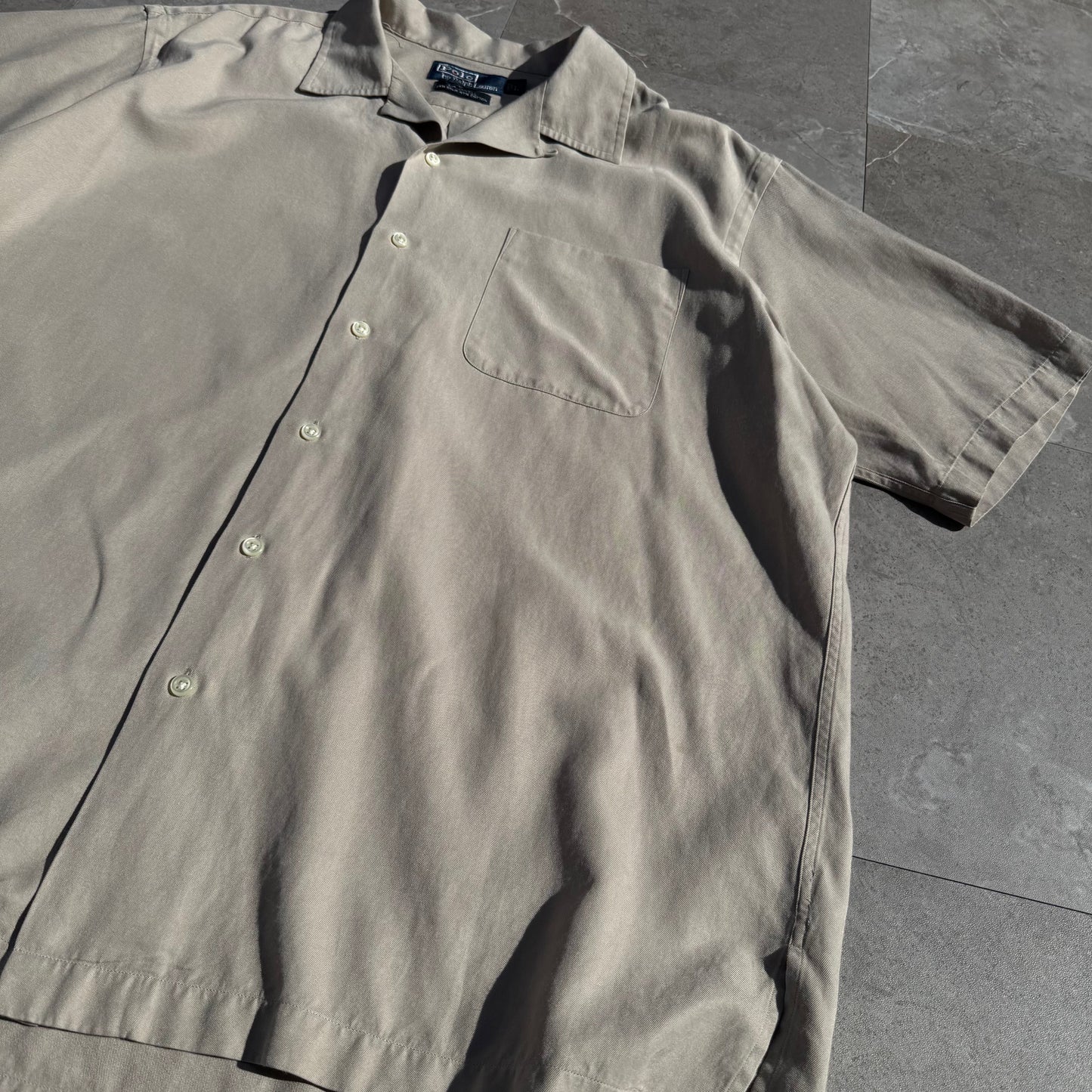90s-00s Ralph Lauren “Caldwell” No-Pony Beige Silk x Cotton Open Collar Shirt KiiChain Clothing