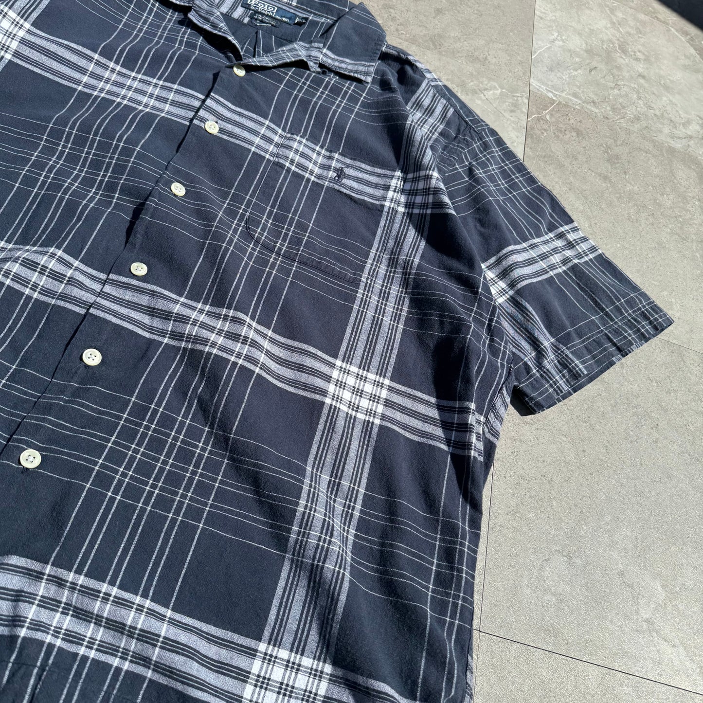 90s-00s Ralph Lauren “Caldwell” Navy Checkered Open Collar Shirt KiiChain Clothing
