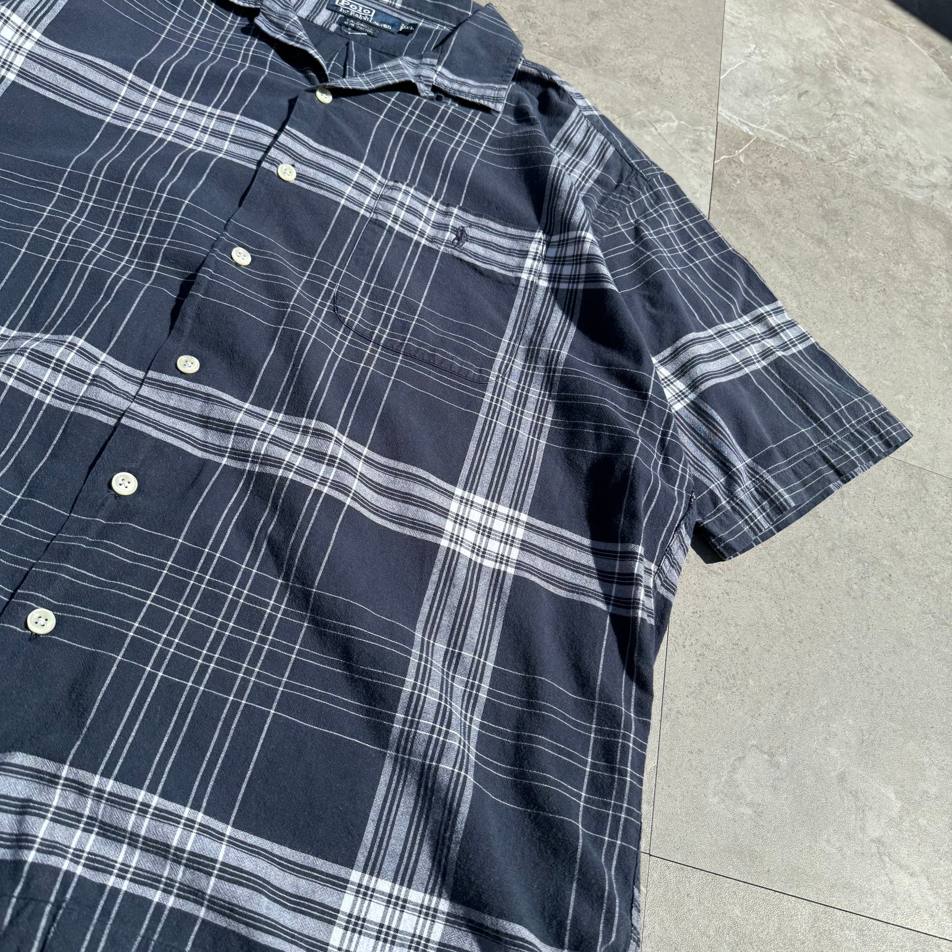 90s-00s Ralph Lauren “Caldwell” Navy Checkered Open Collar Shirt KiiChain Clothing