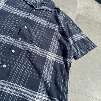 90s-00s Ralph Lauren “Caldwell” Navy Checkered Open Collar Shirt KiiChain Clothing
