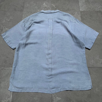 90s-00s Ralph Lauren Polo Golf Caldwell Blue Herringbone Silk x Linen Open Collar Shirt KiiChain Clothing