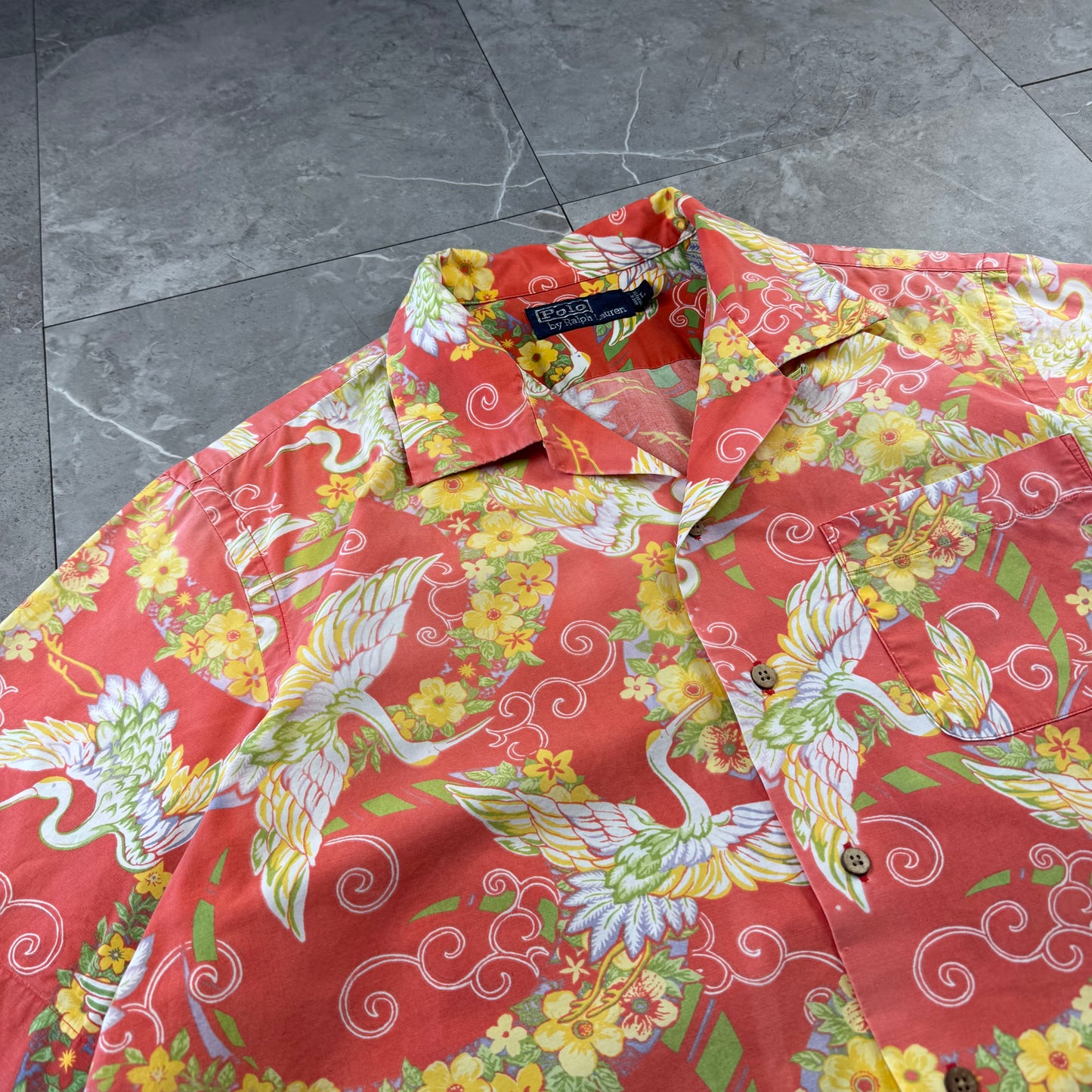 00s Polo by Ralph Lauren Red Rare Crane Graphic Open Collar Shirt L