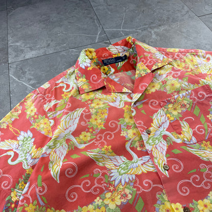 00s Polo by Ralph Lauren Red Rare Crane Graphic Open Collar Shirt L