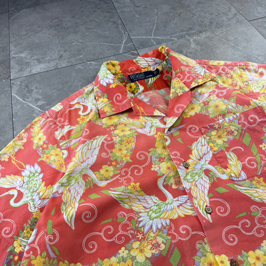 00s Polo by Ralph Lauren Red Rare Crane Graphic Open Collar Shirt