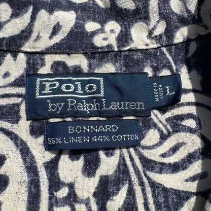 90s-00s Ralph Lauren Bonnard Black/Navy Paisley Linen x Cotton Open Collar Shirt KiiChain Clothing
