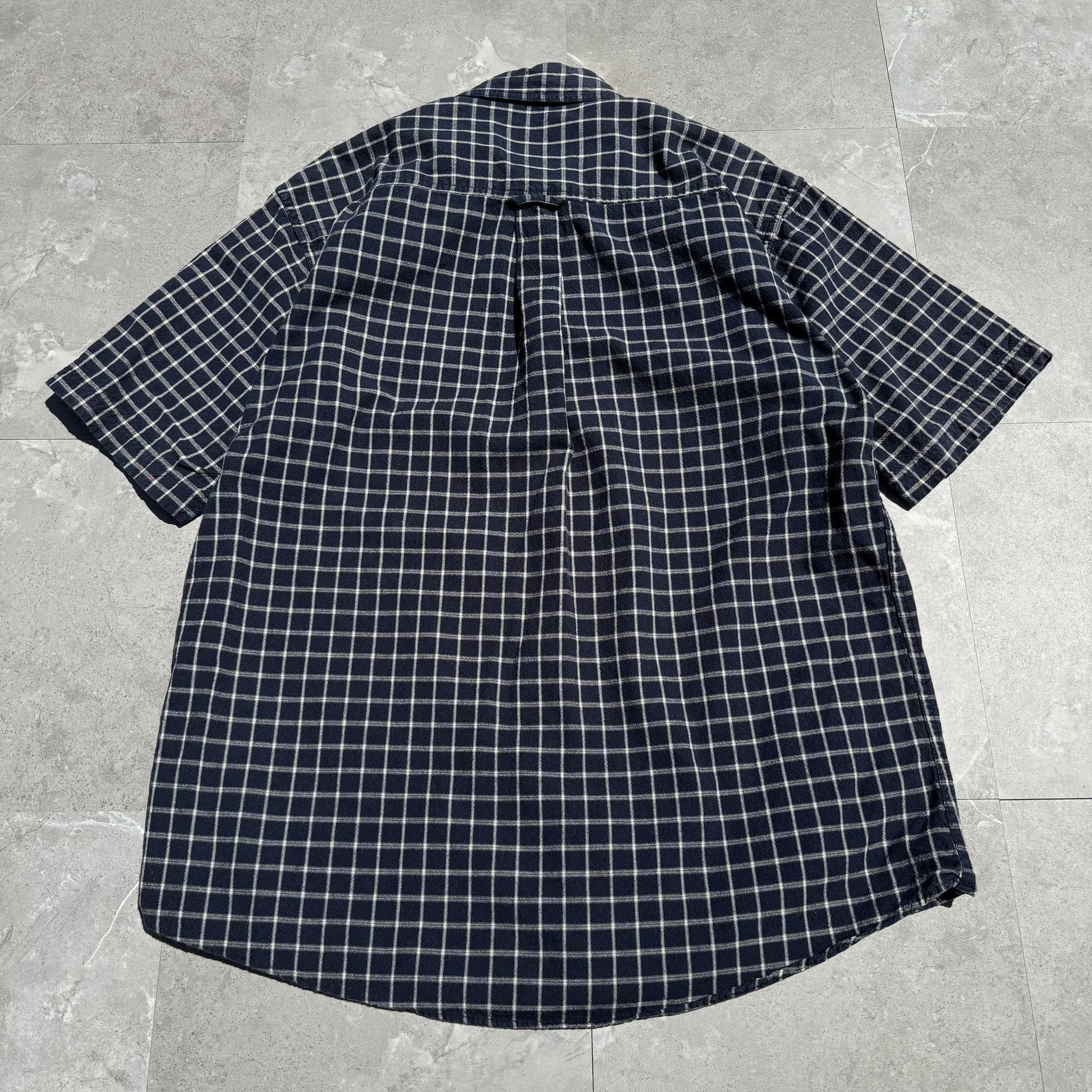 90s Wool Rich Navy Checkered Heavyweight Cotton Short Sleeve Shirt KiiChain Clothing