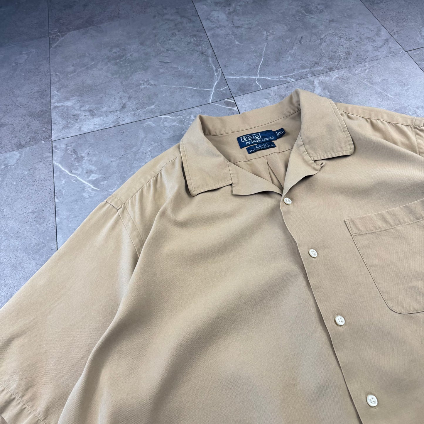 00s Polo by Ralph Lauren Caldwell No-Pony Beige Silk x Cotton Open Collar Shirt XL