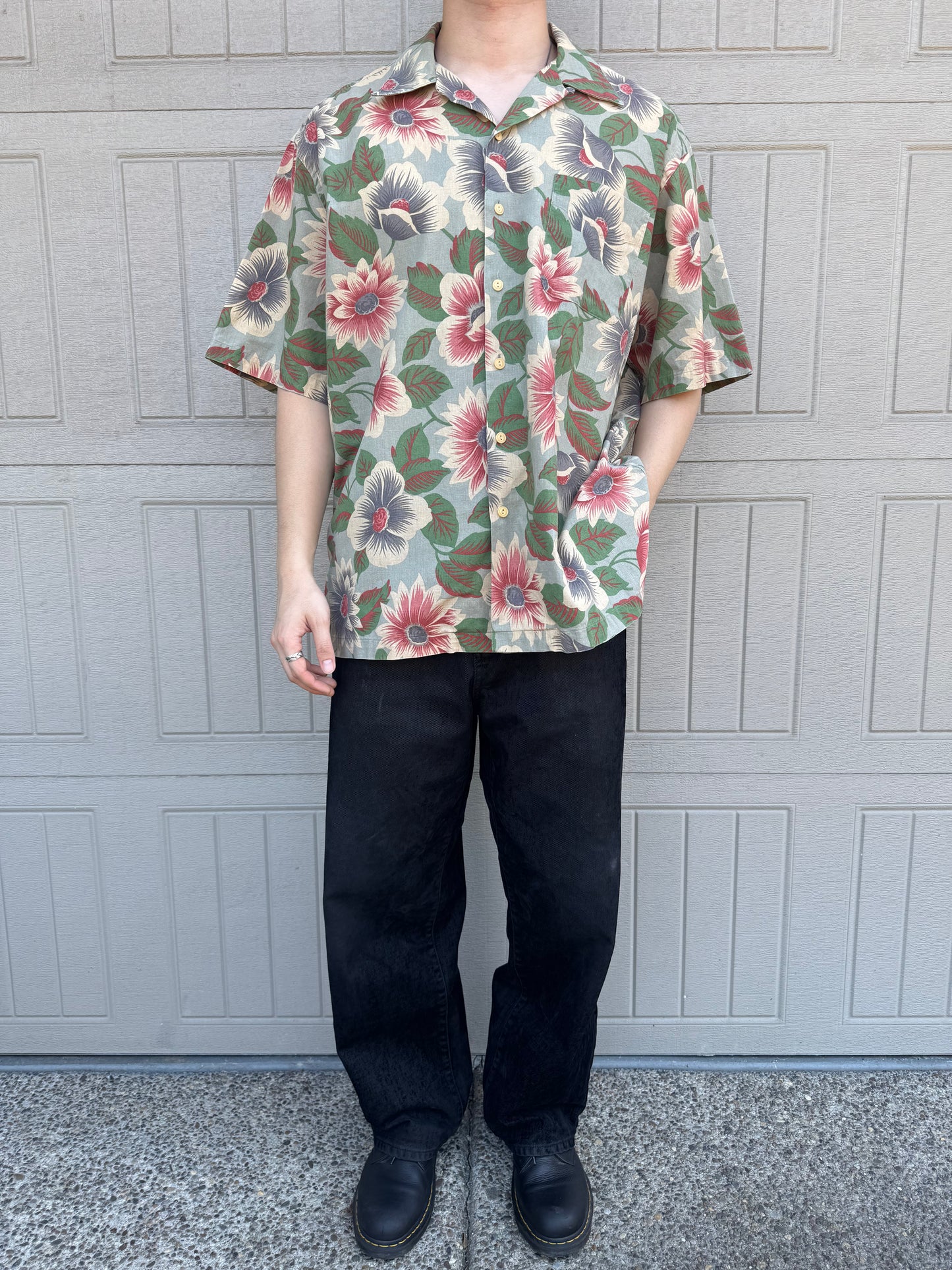 90s Polo by Ralph Lauren Green Cotton x Linen x Ramie Flower Open Collar Shirt XL
