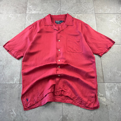 00s Polo by Ralph Lauren Caldwell Red Silk x Linen Open Collar Shirt M