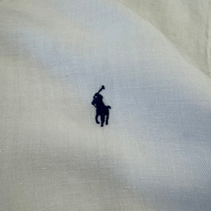 00s Polo by Ralph Lauren White Herringbone Linen x Silk Open Collar Shirt XXL