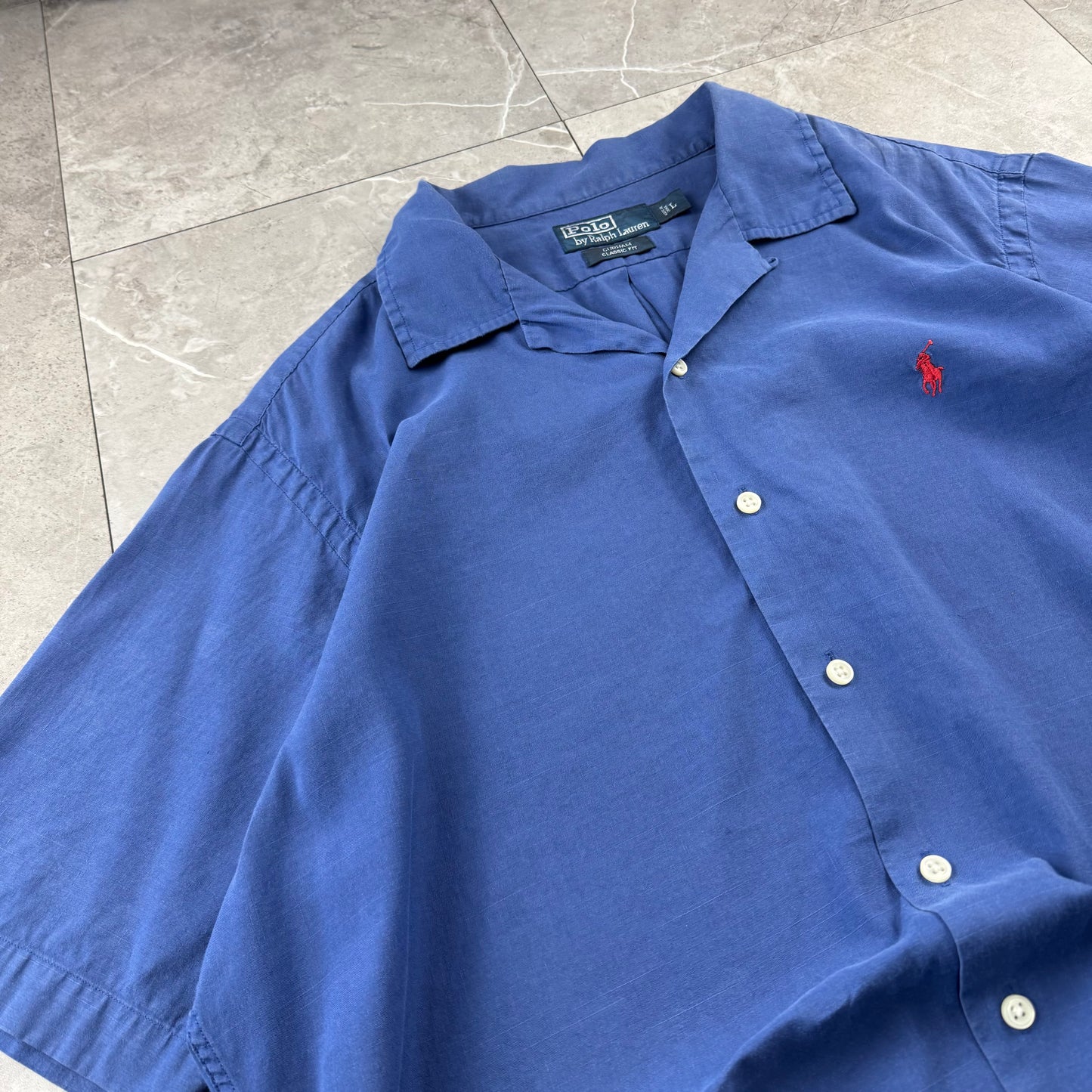 00s Polo by Ralph Lauren Curham Blue Linen x Cotton Open Collar Shirt L