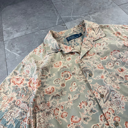 00s Polo by Ralph Lauren Faded Green Flower Pattern Open Collar Shirt L