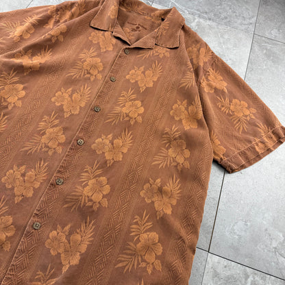 00s~ Tommy Bahama Brown Hibiscus 100% Silk Open Collar Shirt