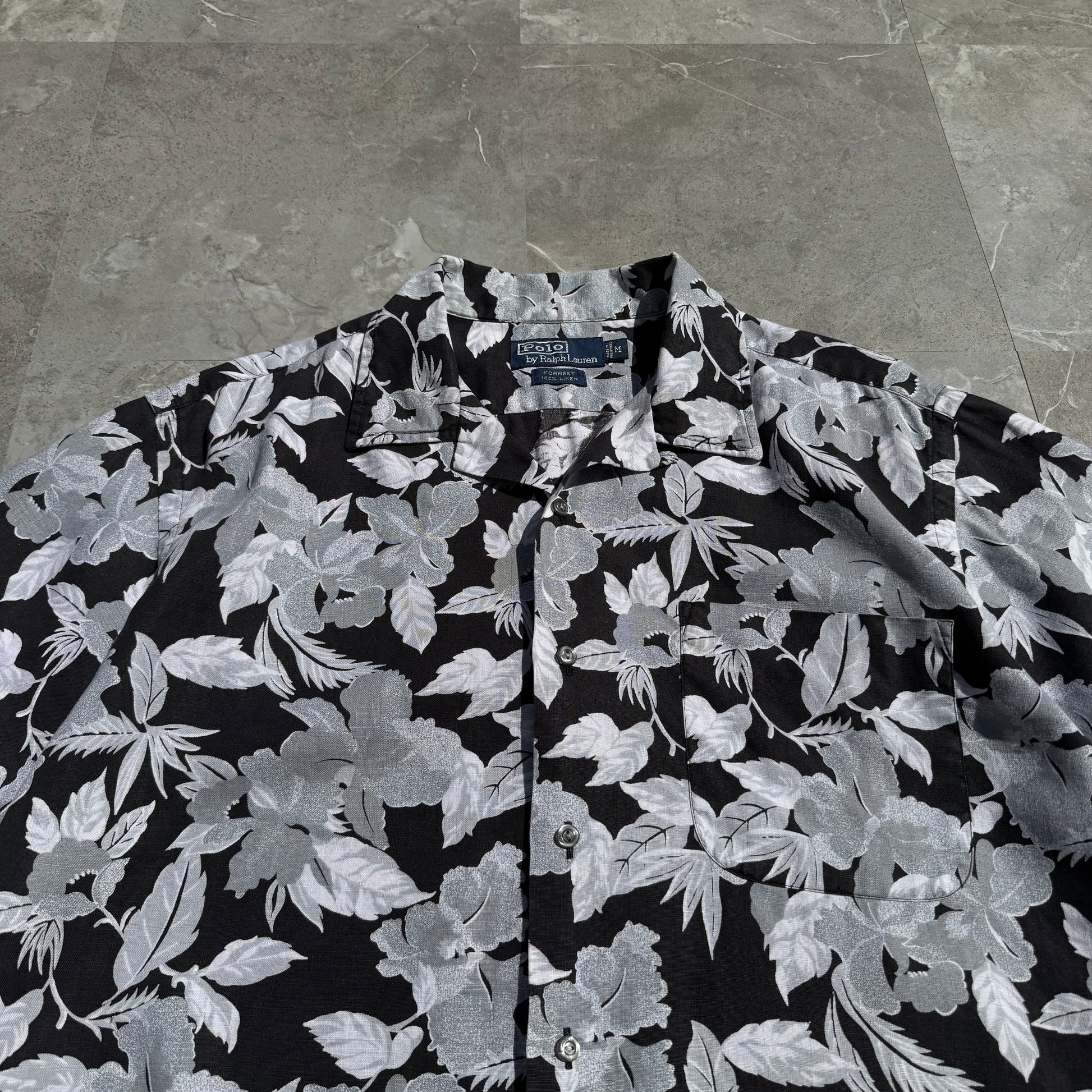 90s-00s Ralph Lauren “Forrest” 100% Linen Black Floral Open Collar Shirt KiiChain Clothing