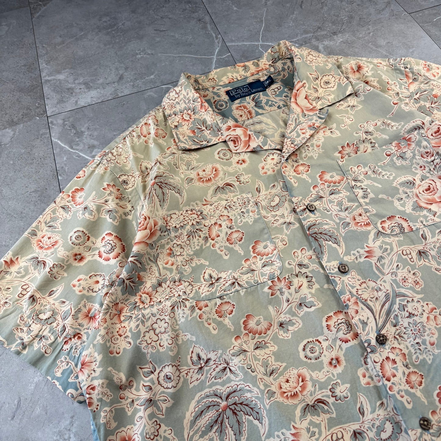 90s-00s Polo by Ralph Lauren Faded Green Flower Pattern Open Collar Shirt XL