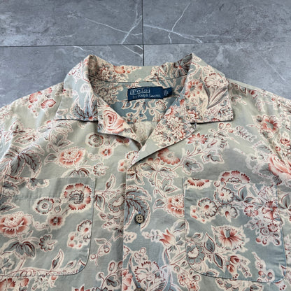 00s Polo by Ralph Lauren Faded Green Flower Pattern Open Collar Shirt L