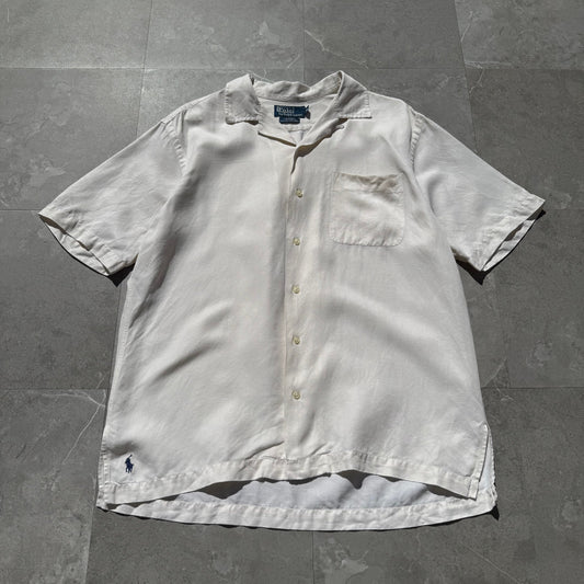 90s-00s Ralph Lauren “Caldwell” Silk x Linen Cream Open Collar Shirt KiiChain Clothing