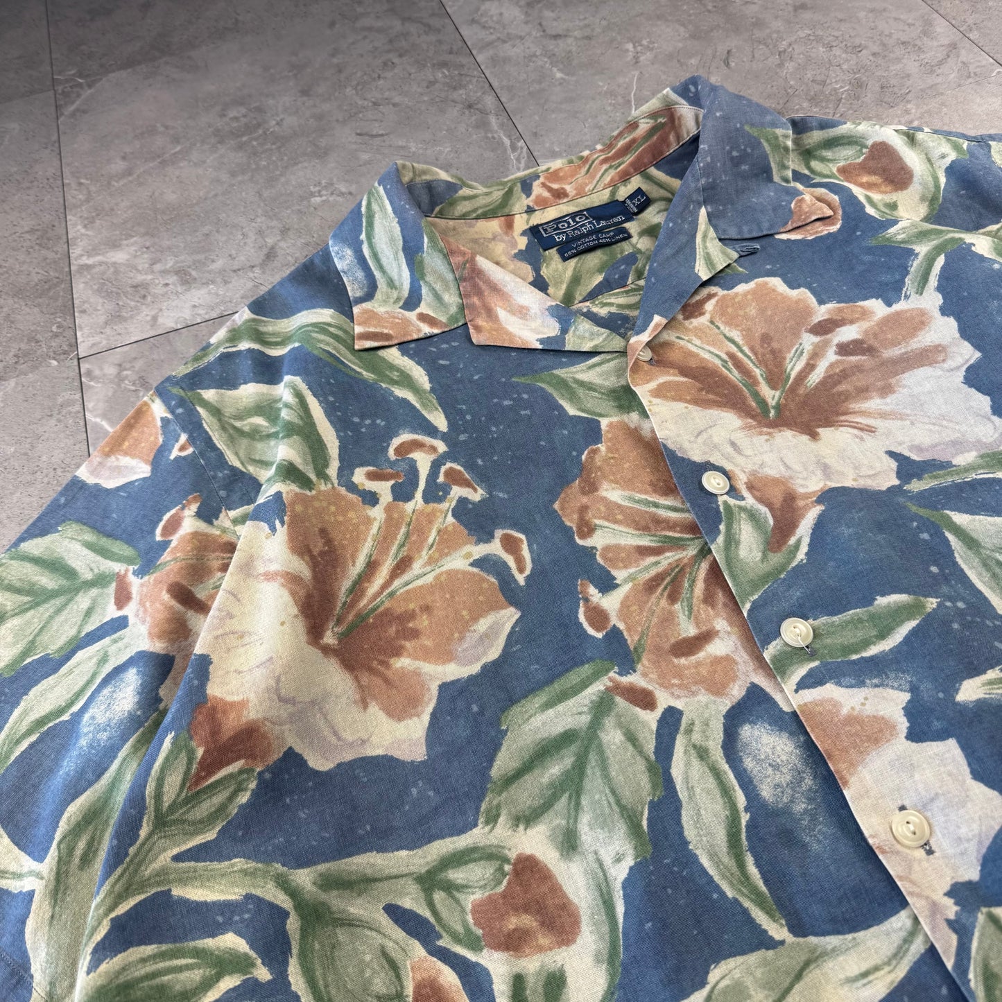 00s Polo by Ralph Lauren Vintage Camp Blue Flower Pattern Cotton x Linen Open Collar Shirt XL