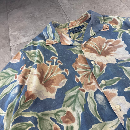 00s Polo by Ralph Lauren Vintage Camp Blue Flower Pattern Cotton x Linen Open Collar Shirt XL