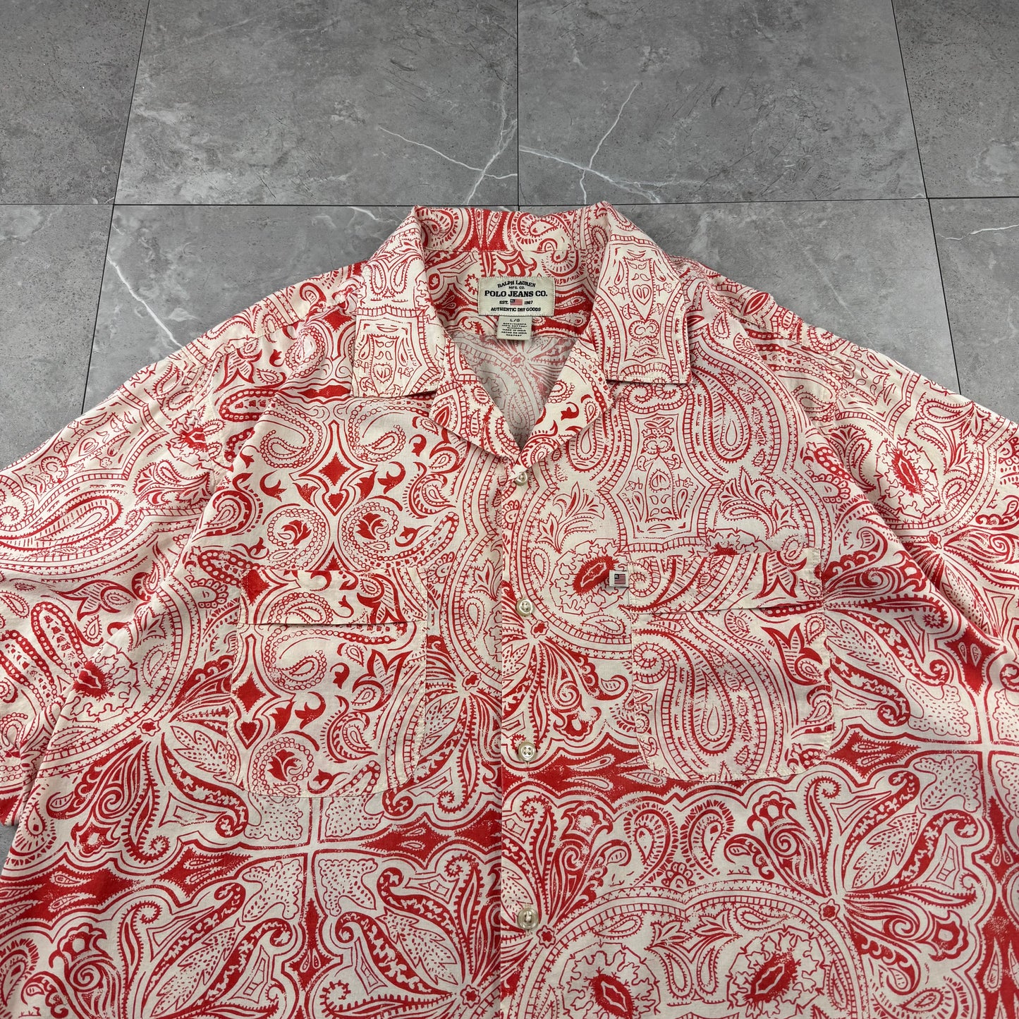 00s Ralph Lauren Polo Jeans Co. Red Paisley Open Collar Shirt