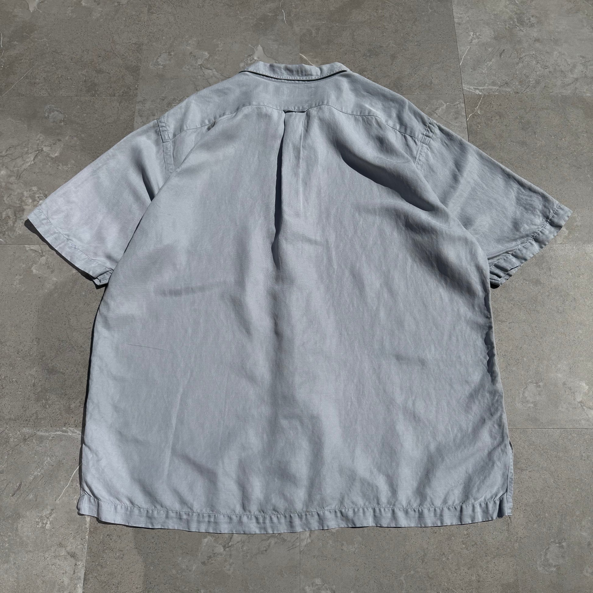 90s-00s Ralph Lauren “Caldwell” Light Blue/Gray Silk x Linen Open Collar Shirt KiiChain Clothing