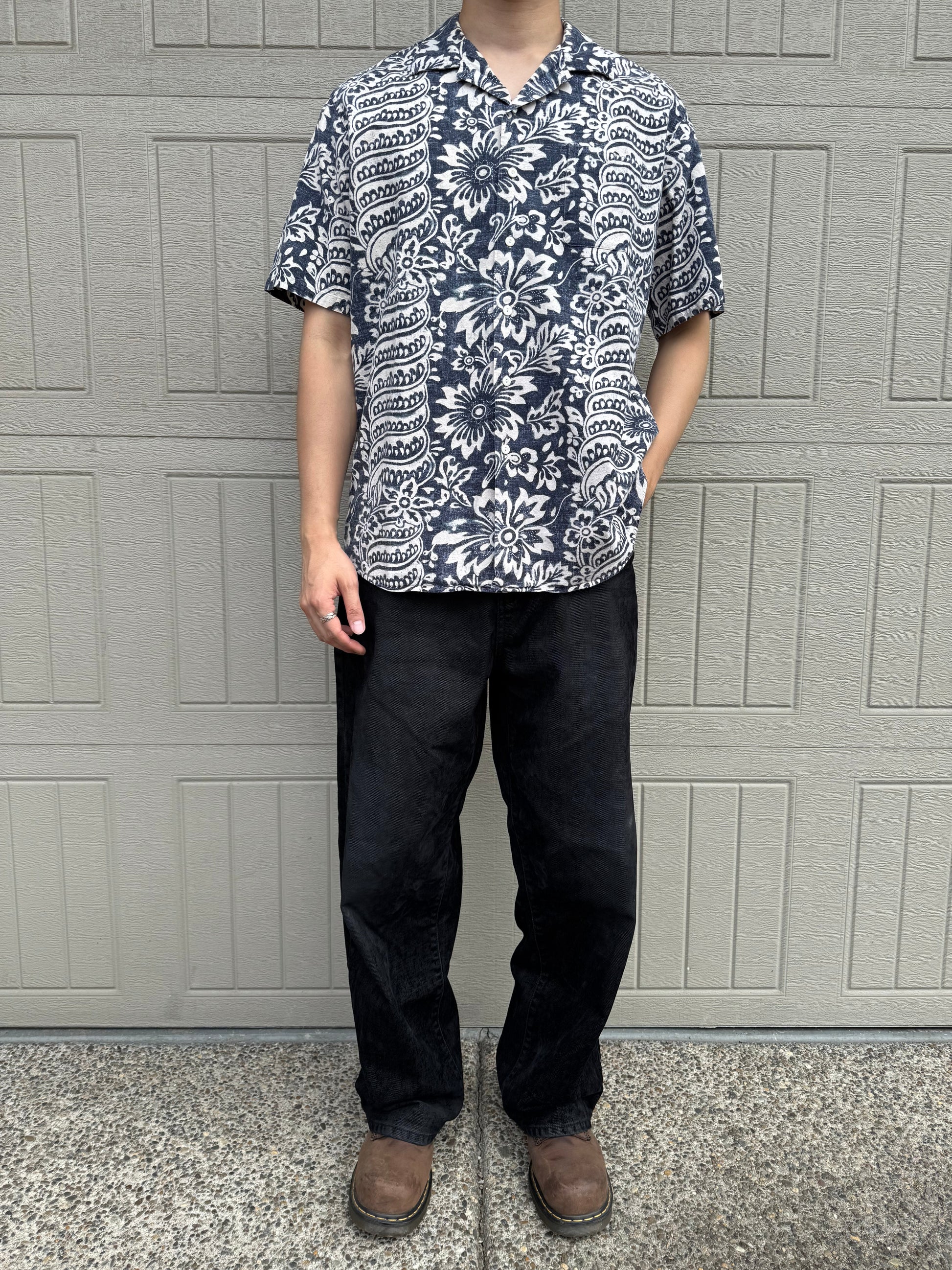 90s-00s Ralph Lauren Bonnard Black/Navy Paisley Linen x Cotton Open Collar Shirt KiiChain Clothing