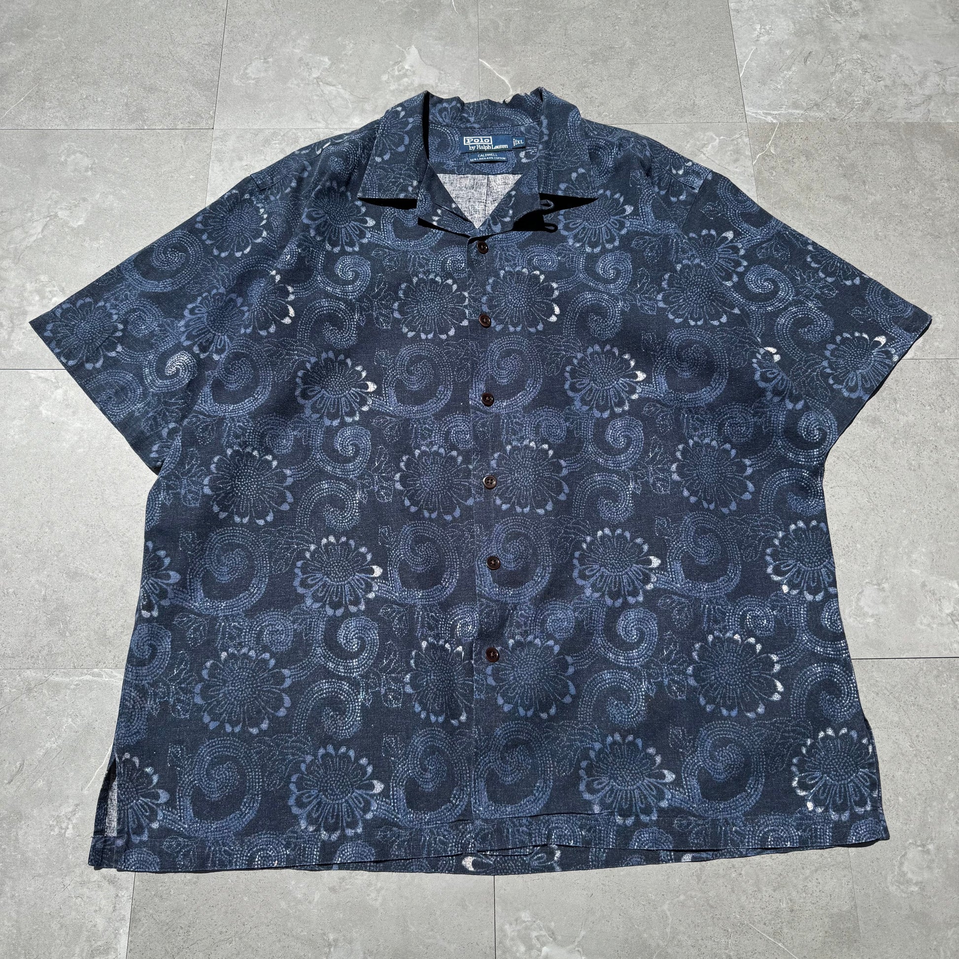 90s-00s Ralph Lauren Caldwell Dark Blue Linen x Cotton Floral Open Collar Shirt KiiChain Clothing