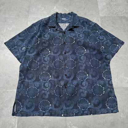 90s-00s Ralph Lauren Caldwell Dark Blue Linen x Cotton Floral Open Collar Shirt KiiChain Clothing