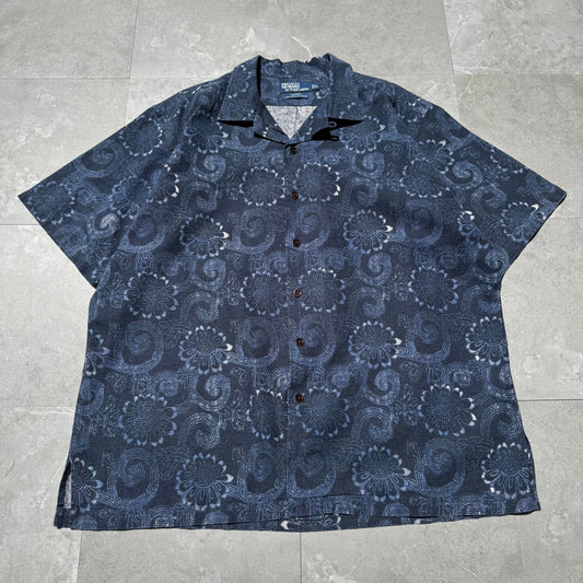90s-00s Ralph Lauren Caldwell Dark Blue Linen x Cotton Floral Open Collar Shirt KiiChain Clothing